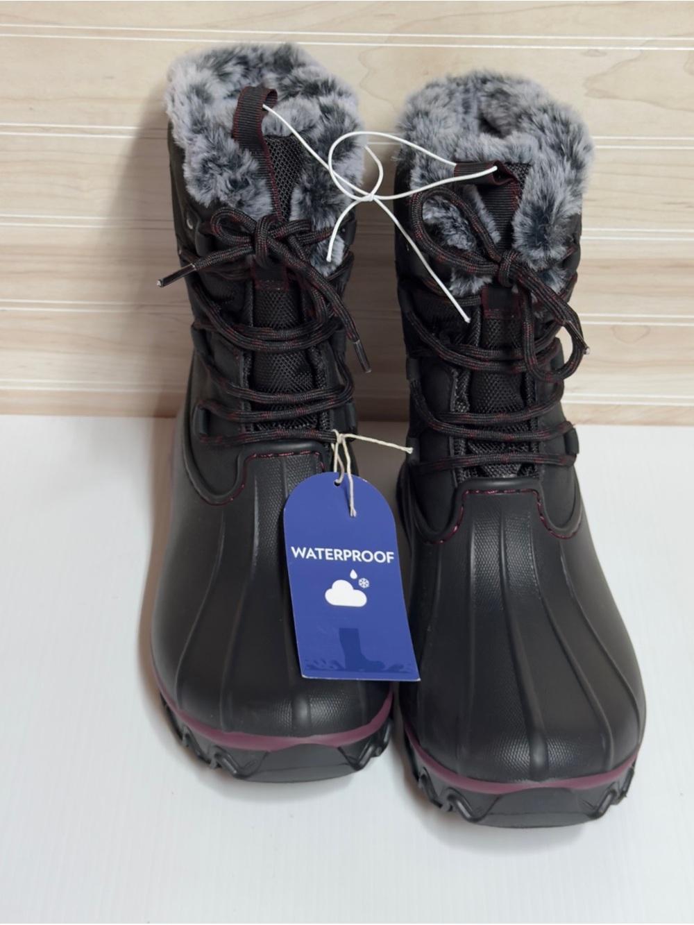 Jambu Women's Black Winter Boots with Gray Faux Fur and Plum Accents
